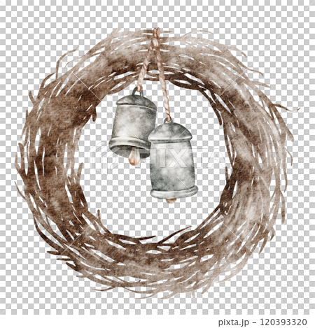 Watercolor Wreath of twig rattan a isolated white background isolated. Drawing of twisted vintage round Frame of vine with bells for invitations. Decoration for cards on holidays Christmas, Easter. Watercolor Wreath of twig rattan a isolated white background isolated. Drawing of twisted vintage round Frame of vine with bells for invitations. Decoration for cards on holidays Christmas, Easter. 120393320