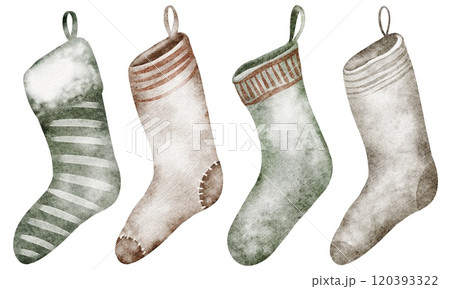 Christmas socks Watercolor Vintage isolated drawing on white background. Hand drawn Rustic stockings ,celebration decoration. Old-fashioned design with style Retro. 120393322