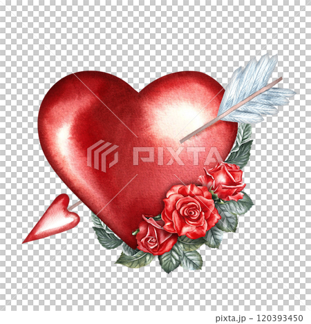 A red heart pierced by an arrow of cupid and rose. A hand-drawn watercolor illustration. For Valentine's Day and wedding. For postcards, prints and stickers. For flyers, posters and banners. 120393450