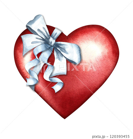 A red heart tied with a white ribbon bow. A hand-drawn watercolor illustration. Design for Valentine's Day and wedding. For postcards, prints and packaging. For flyers, banners, posters and more 120393455