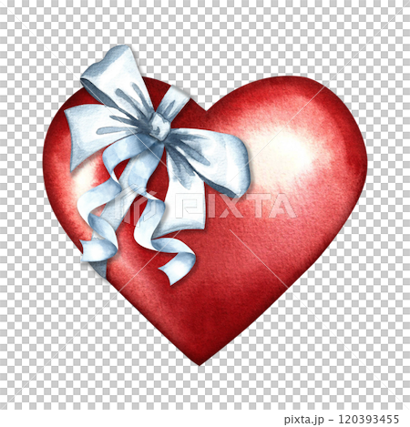 A red heart tied with a white ribbon bow. A hand-drawn watercolor illustration. Design for Valentine's Day and wedding. For postcards, prints and packaging. For flyers, banners, posters and more 120393455