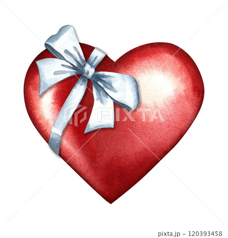 A red heart tied with a white ribbon bow. A hand-drawn watercolor illustration. Conceptual design for Valentine's Day and wedding. For postcards, prints and packaging. For flyers, banners, posters. 120393458