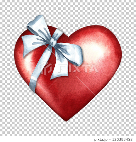 A red heart tied with a white ribbon bow. A hand-drawn watercolor illustration. Conceptual design for Valentine's Day and wedding. For postcards, prints and packaging. For flyers, banners, posters. 120393458