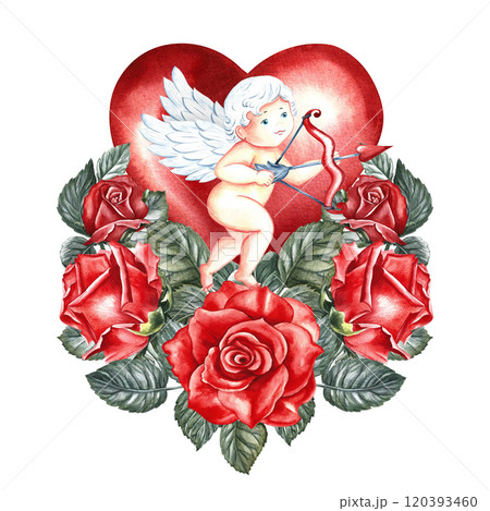A flying cupid with a bow and arrow on the background of a red heart decorated with roses. Hand-made watercolor illustration. For Valentine's Day and wedding. For postcards, posters, greeting cards. A flying cupid with a bow and arrow on the background of a red heart decorated with roses. Hand-made watercolor illustration. For Valentine's Day and wedding. For postcards, posters, greeting cards. 120393460