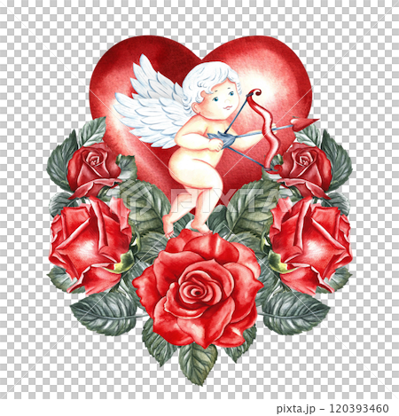 A flying cupid with a bow and arrow on the background of a red heart decorated with roses. Hand-made watercolor illustration. For Valentine's Day and wedding. For postcards, posters, greeting cards. A flying cupid with a bow and arrow on the background of a red heart decorated with roses. Hand-made watercolor illustration. For Valentine's Day and wedding. For postcards, posters, greeting cards. 120393460
