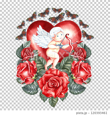 Cute little cupid on the background of a red heart with roses and butterflies. Hand-made watercolor illustration. For lovers, Valentine's day and weddings. For posters, greeting cards, prints and more Cute little cupid on the background of a red heart with roses and butterflies. Hand-made watercolor illustration. For lovers, Valentine's day and weddings. For posters, greeting cards, prints and more 120393461