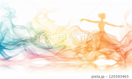A woman in a long dress is surrounded by colorful smoke, copy space 120393463