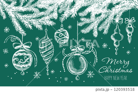 Christmas ball set, Happy New Year. Hand drawn illustration. Christmas ball set, Happy New Year. Hand drawn illustration. 120393518