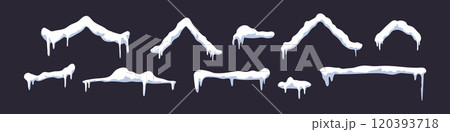 Collection of fluffy clouds in motion with dripping peaks. Snowy winter border with pile of snowflakes and icy drifts. Flat vector illustration isolated 120393718