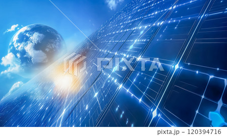 太陽光パネルが反射し青空に浮かぶ雲と地球 120394716