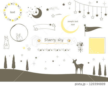星の輝く夜空をイメージした可愛い手描きのイラスト素材セット 120394809