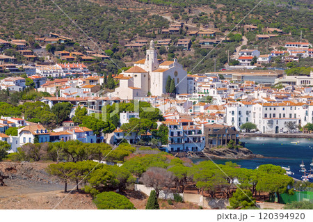 Cadaques Bay with boats and Church of Santa Maria, Catalonia, Spain 120394920