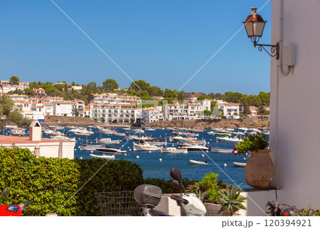 Sea view with boats in Cadaques on a sunny day, Spain 120394921