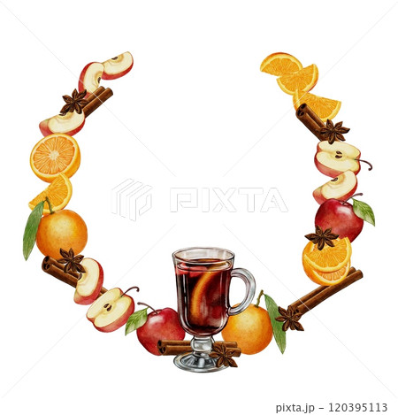 Wreath, headband, frame of mulled wine, a warm wine drink with cinnamon, star anise, apples and orange 120395113