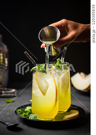 Melon juice, lemonade in glasses Melon juice, lemonade in glasses 120395639