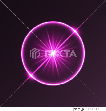 Pink light flare, glowing shiny sparkle, lens flare effect, bright glimmering glare. 120396439