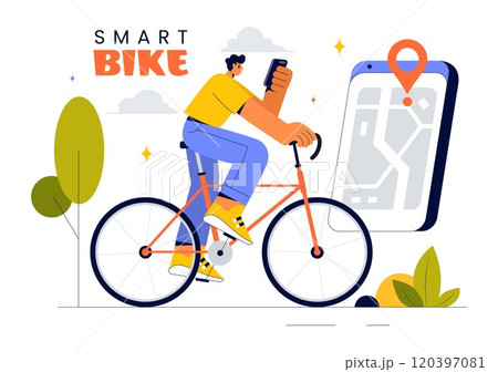 Smart Bike Vector Illustration featuring a Navigation App with a Map, Location Pin, and Tracking Mobile Applications Concept in a Flat Background 120397081