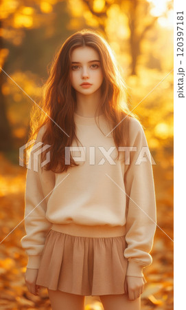 young woman stands in sunlit autumn forest, surrounded by golden leaves. She wears beige sweater and matching skirt, blending harmoniously with warm, glowing background young woman stands in sunlit autumn forest, surrounded by golden leaves. She wears beige sweater and matching skirt, blending harmoniously with warm, glowing background 120397181