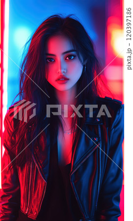woman in black leather jacket stands confidently in vibrant neon lighting, creating striking contrast with her dark hair and intense gaze. atmosphere is bold and edgy 120397186