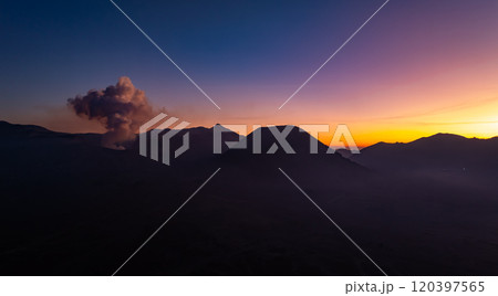 Aerial view Mountains at Bromo volcano during sunrise sky,Beautiful Mountains Penanjakan in Bromo Tengger Semeru National Park,East Java,Indonesia.Nature landscape background 120397565