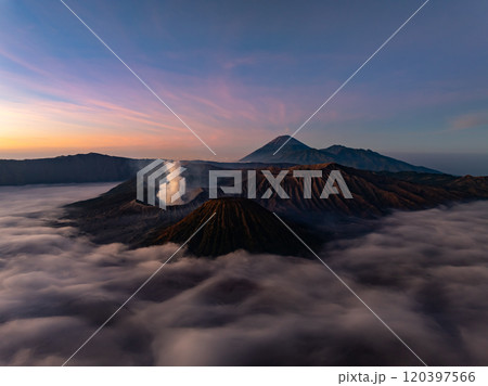 Aerial view Mountains at Bromo volcano during sunrise sky,Beautiful Mountains Penanjakan in Bromo Tengger Semeru National Park,East Java,Indonesia.Nature landscape background 120397566