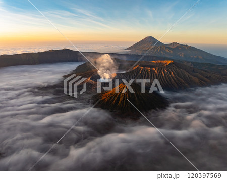Aerial view Mountains at Bromo volcano during sunrise sky,Beautiful Mountains Penanjakan in Bromo Tengger Semeru National Park,East Java,Indonesia.Nature landscape background 120397569