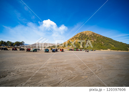 Java Indonesia on September 11,2024 : Tourists 4x4 red Jeep for tourist rent at Mount Bromo,The active Mount Bromo is popular visited tourist attractions in East Java, Indonesia Java Indonesia on September 11,2024 : Tourists 4x4 red Jeep for tourist rent at Mount Bromo,The active Mount Bromo is popular visited tourist attractions in East Java, Indonesia 120397606