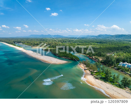 Beautiful sea beach summer landscape in high travel season in Thailand, Nature beach sea sunny sky background,High angle view seascape nature view 120397809