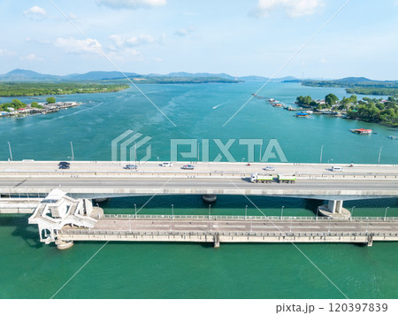 Aerial view of Sarasin bridge road transportation background concept The bridge is a between Phang Nga and Phuket island Thailand The bridge is the most important in making business and transportation 120397839