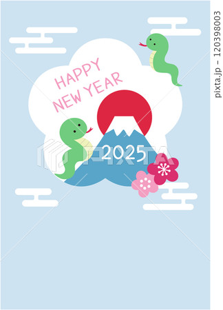 2025年巳年の年賀状テンプレート　蛇年　かわいい　フレーム　花　ベクター 120398003