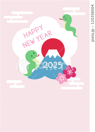 2025年巳年の年賀状テンプレート　蛇年　かわいい　フレーム　花　ベクター 120398004