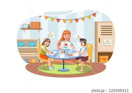 Little children with kindergarten teacher drawing at table indoors. Learning and playing. 120398311