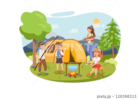 Summer landscape with kids. Children camp Summer landscape with kids. Children camp 120398313