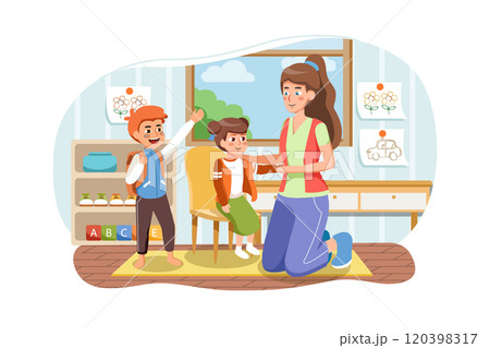 Kindergarten teacher woman helping smiling child to wear clothes for walk activity 120398317