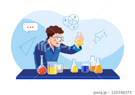 Scientists look at the yellow chemicals in glass at the laboratory Scientists look at the yellow chemicals in glass at the laboratory 120398373
