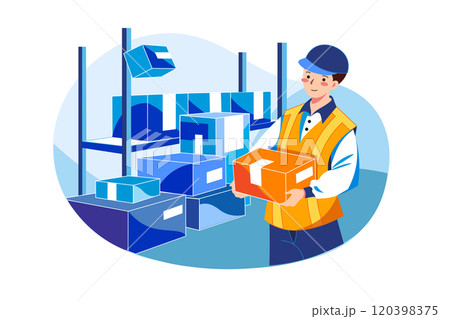 Young man working at a warehouse with boxes 120398375