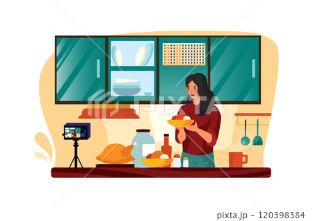 Young female blogger vloger and online influencer recording video content on healthy food 120398384