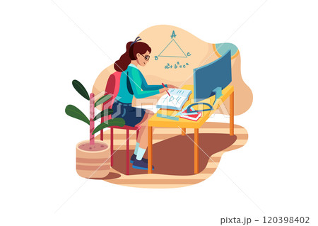 Pretty stylish schoolgirl studying homework math during her online lesson at home. Online education concept. 120398402