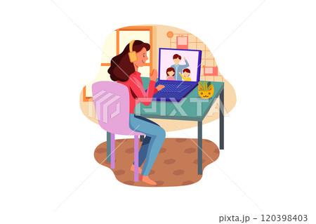 Smiling little Caucasian girl in headphones have video call distant class with teacher using laptop, happy small child wave greeting with tutor. Smiling little Caucasian girl in headphones have video call distant class with teacher using laptop, happy small child wave greeting with tutor. 120398403