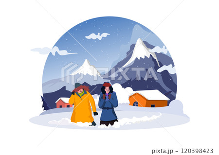 Natural disaster concept. Houses influenced by snow avalanche. Natural disaster concept. Houses influenced by snow avalanche. 120398423