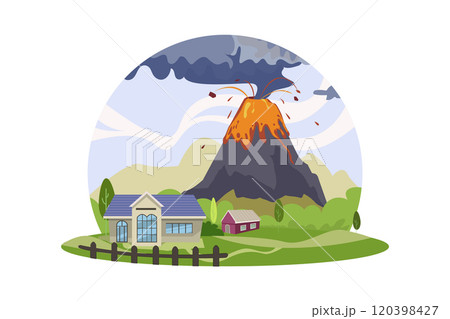 Natural disaster cartoon composition with round view of exploding volcano with smoke lava and living houses 120398427