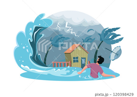 Natural disaster concept with rainy sky and impending storm and tsunami wave with house. 120398429