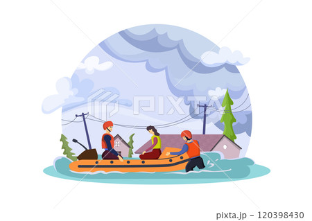 Natural disaster concept. Evacuate flood victims by inflatable boat 120398430