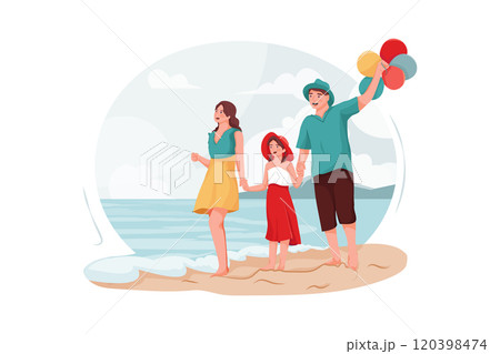 Parents and daughter walking around the beach 120398474
