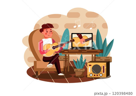 The boy learns to play musical instrument according to an online tutorial. 120398480