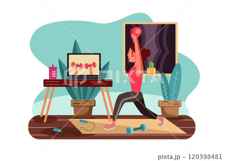 Girl doing exercises under the guidance of online teachers. Girl doing exercises under the guidance of online teachers. 120398481