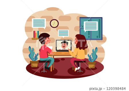 Students learning and discussing with online teacher. Students learning and discussing with online teacher. 120398484