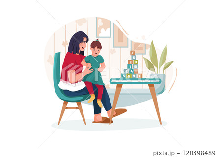 Cute little girl with young nanny at table, indoors 120398489