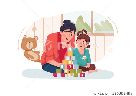 Babysitter and baby girl playing with toy cubes at home Babysitter and baby girl playing with toy cubes at home 120398493