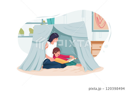 Nanny and little children reading book in tent at home Nanny and little children reading book in tent at home 120398494